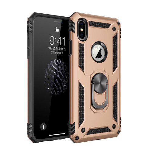 Case iPhone X/XS Gold - Armure Hybride Militaire avec bague de maintien